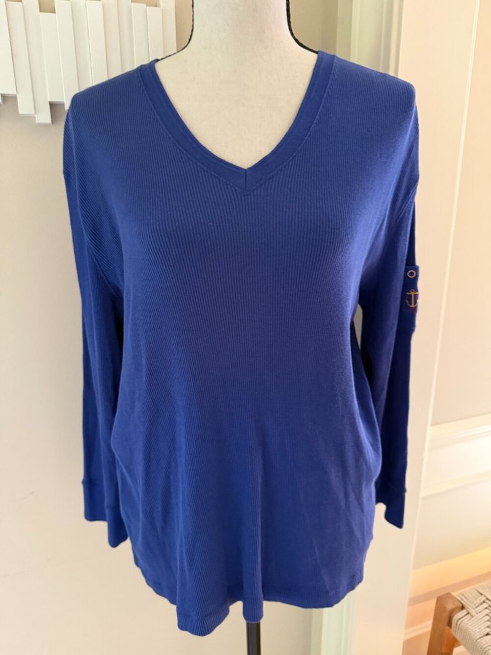Lauren Ralph Lauren Blue Ribbed Nautical V-Neck Top XL Cotton Logo Pocket